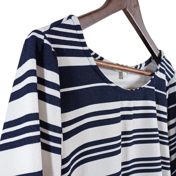 Green Envelope 1X Nautical White Blue Striped Blouse 3/4 Bell Sleeve Coastal Top - Picture 4 of 8